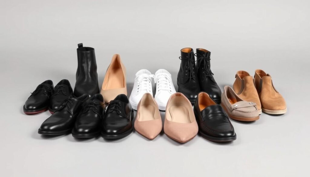 A neatly arranged selection of essential footwear for a versatile capsule wardrobe, captured in a clean, well-lit studio setting. In the foreground, a pair of classic black leather Oxford shoes, a set of sleek nude pumps, and a comfortable pair of black leather ankle boots. In the middle ground, a pair of minimalist white sneakers and a pair of neutral-toned loafers. In the background, a subtle gray backdrop provides a simple, uncluttered environment that allows the shoes to take center stage. The lighting is soft and even, creating a sense of balance and highlighting the quality and textures of the various leather and suede materials. The overall composition emphasizes the interchangeability and practicality of these wardrobe essentials.