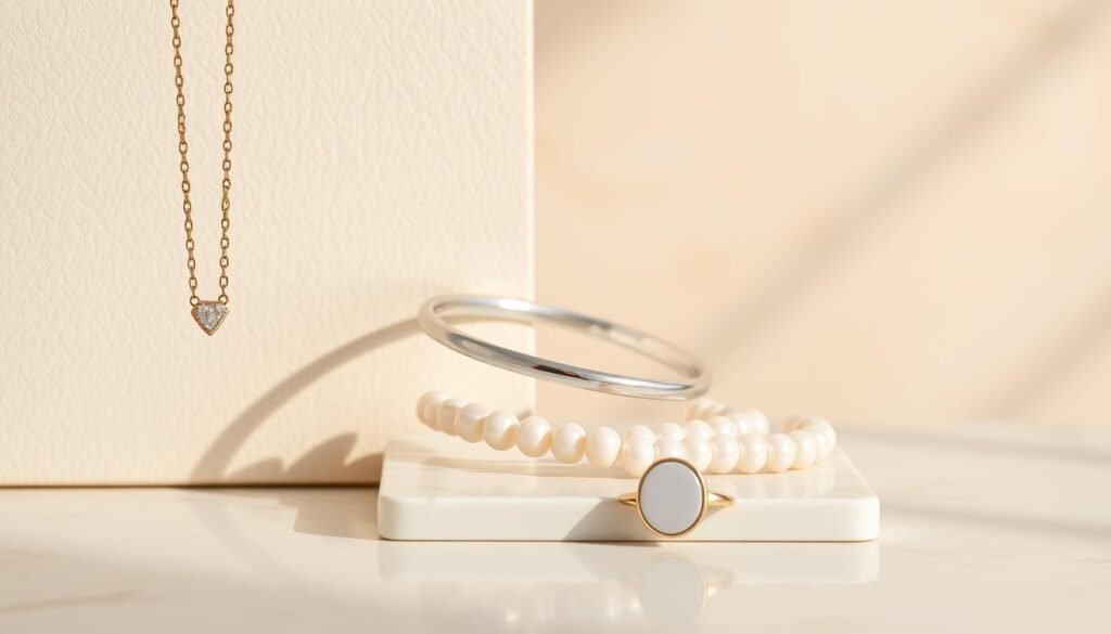A neatly arranged still life composition showcasing the essential fashion jewelry foundation pieces. In the foreground, a delicate gold chain necklace, a classic diamond stud earrings, and a simple silver bangle gracefully draped against a soft, textured cream-colored background. In the middle ground, a timeless pearl strand and a minimalist signet ring sit atop a smooth marble surface, reflecting the warm, natural lighting. The background features a subtle, blurred pattern in muted tones, creating a sense of elegance and sophistication. The overall scene exudes a refined, effortless aesthetic, highlighting the versatility and timelessness of these wardrobe staples.