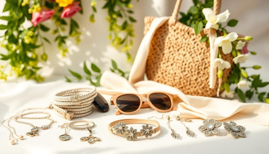 A neatly arranged vignette of spring fashion accessories on a soft, light-filled backdrop. In the foreground, an array of delicate jewelry pieces - dainty necklaces, stacked bracelets, and earrings with intricate floral motifs. In the middle ground, a woven straw tote bag, a pastel silk scarf, and a pair of stylish sunglasses. In the background, a lush, verdant floral arrangement cascades, adding pops of color and a sense of freshness. Soft, natural lighting casts a warm, ambient glow, creating a cohesive, visually appealing composition that evokes the essence of effortless spring style.