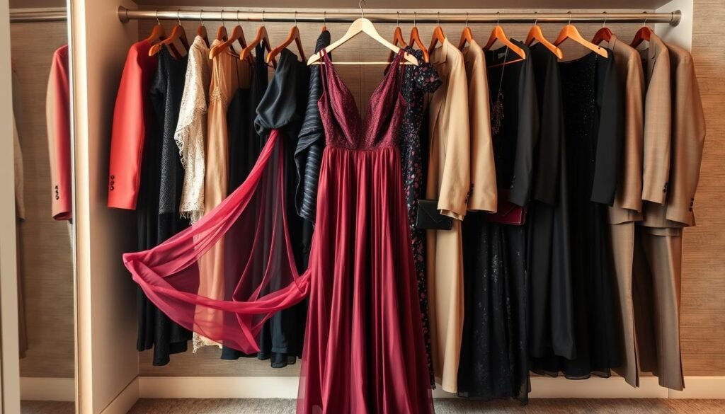 A neatly arranged wardrobe displaying a collection of elegant evening outfits, the focal point being a series of dresses, gowns, and accessories. The lighting is soft and warm, creating a cozy, inviting atmosphere. In the foreground, a flowing chiffon dress in a rich burgundy hue takes center stage, its delicate details and intricate embroidery evident. Surrounding it are a selection of versatile pieces, such as a classic black cocktail dress, a shimmering sequined evening gown, and a selection of statement jewelry, including a pair of sparkling diamond earrings and a luxurious velvet clutch. In the middle ground, a row of tailored blazers and trousers in neutral tones provide a sophisticated foundation. The background features a muted, textured wall, allowing the wardrobe essentials to be the focal point of the image.