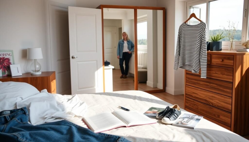 A neatly organized bedroom with soft, natural lighting. In the foreground, a wooden dresser displays a variety of casual clothing items - a plain white t-shirt, a pair of blue denim jeans, a striped sweater, and a comfortable-looking pair of sneakers. On the bed, an open notebook and a few fashion magazines lie, hinting at the process of planning a casual outfit. The middle ground features a full-length mirror, allowing the viewer to envision themselves trying on different combinations. In the background, a large window overlooks a serene outdoor scene, creating a calming atmosphere. The overall scene conveys a sense of personal style, comfort, and the thoughtful consideration of assembling a casual, everyday look.