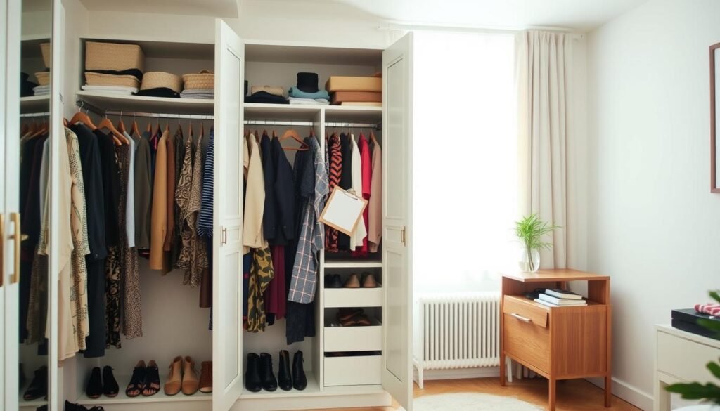 A neatly organized closet with an open wardrobe door, showcasing a variety of clothing items, accessories, and shoes. The scene is well-lit, with soft, diffused natural light streaming in through a window in the background. In the foreground, a person is standing in front of the wardrobe, carefully examining the contents, a clipboard in hand, as if conducting a thorough wardrobe assessment. The overall atmosphere is one of thoughtful contemplation and a sense of organization, reflecting the process of evaluating one's current wardrobe for a sustainable fashion journey.