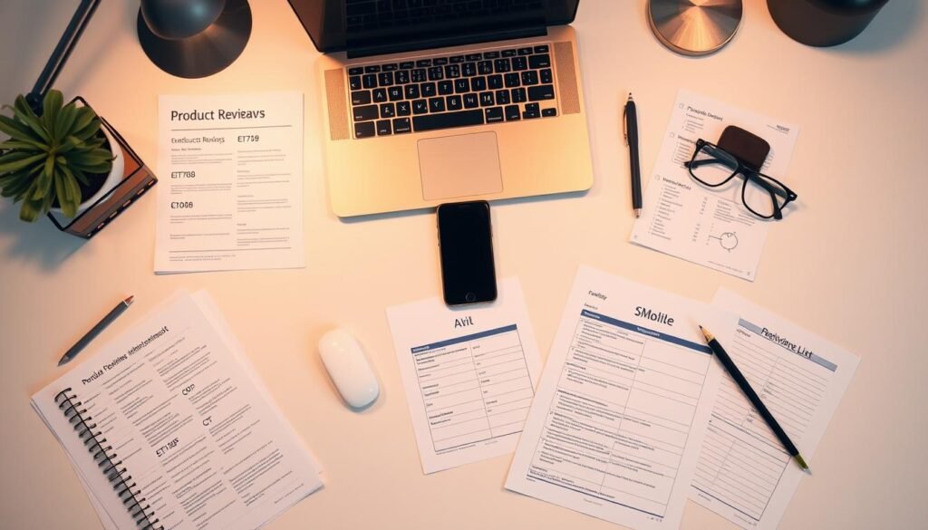 A neatly organized desk with a laptop, smartphone, and various research materials like product reviews, comparison charts, and shopping lists. The scene is bathed in warm, focused lighting, creating a productive and contemplative atmosphere. The desktop is clean and minimal, allowing the research process to take center stage. The angle is slightly elevated, providing a bird's-eye view that conveys a sense of control and strategic decision-making. The overall impression is one of a professional, thoughtful approach to online product research.