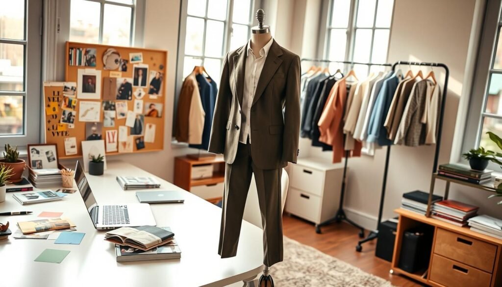 A neatly organized home office, bathed in warm, natural lighting from large windows. On the desk, an open laptop, a colorful mood board, and fashion magazines scattered about. In the foreground, a mannequin displays a versatile yet stylish outfit - a chic blazer, tailored trousers, and sleek leather loafers. In the background, a clothing rack showcases a variety of garments, hinting at the diverse wardrobe options. The overall scene conveys a sense of thoughtful curation, reflection, and the harmonious integration of personal style and daily life.
