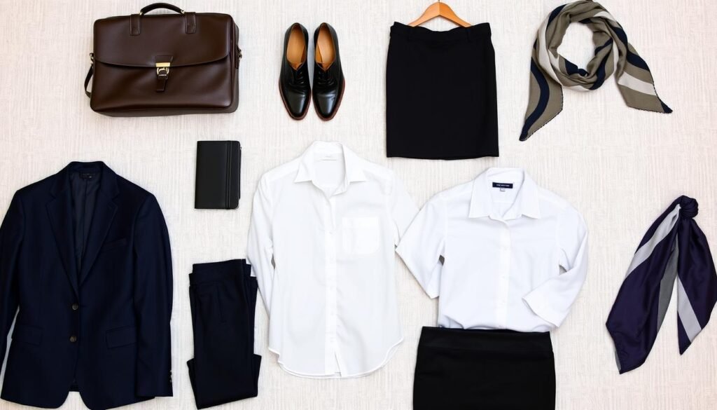 A neatly organized office outfits guide, laid out against a clean, well-lit background. In the foreground, a series of professional attire options including a tailored navy suit, a crisp white blouse, and a sleek black pencil skirt. In the middle ground, complementary accessories like a leather briefcase, polished dress shoes, and a silk scarf. The background features a subtle, neutral-toned wallpaper pattern, creating a sophisticated, corporate ambiance. The lighting is soft and even, highlighting the textures and details of the clothing. The overall composition conveys a sense of stylish, workplace-appropriate fashion guidance.