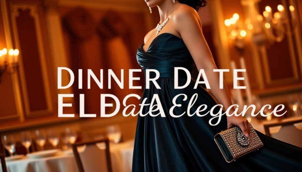 A pair of elegant evening gowns in rich, jewel-toned hues dominate the frame, their flowing fabrics cascading gracefully. The dresses are complemented by delicate accessories - a sparkling diamond necklace, chandelier earrings, and a bejeweled clutch. Overhead, a soft, warm light bathes the scene, casting a romantic, intimate glow. In the background, a blurred table setting with fine china and crystal glassware hints at the opulent dinner setting. The overall atmosphere exudes an air of refined sophistication and understated luxury, perfectly capturing the essence of "Dinner Date Elegance."
