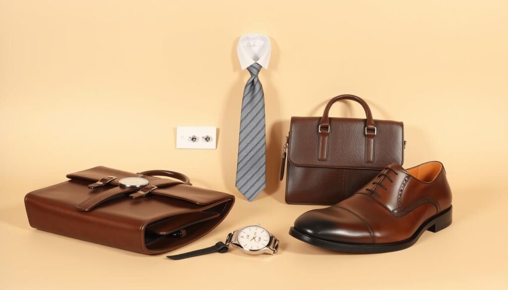 A professional, elegantly styled arrangement of confidence-boosting accessories on a clean, minimalist background. In the foreground, a high-quality leather briefcase, a stylish wristwatch, and a pair of polished leather dress shoes. In the middle ground, a silk necktie in a subtle, sophisticated pattern, and a pair of sturdy, yet refined cufflinks. The background is a soft, neutral color, allowing the accessories to take center stage. The lighting is warm and flattering, casting gentle shadows that accentuate the textures and materials. The overall mood is one of understated elegance and quiet self-assurance.