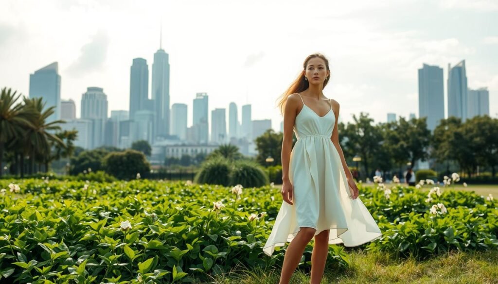 A serene outdoor scene showcasing the environmental impact of fashion. In the foreground, a model stands gracefully, wearing a stylish yet sustainable organic cotton dress, accentuated by natural fibers and dyes. The middle ground features a lush, verdant garden, symbolizing the regenerative potential of eco-friendly textiles. In the background, a cityscape with towering skyscrapers represents the industrial reality of fast fashion, contrasting with the tranquil, sustainable alternative. Soft, diffused lighting filters through wispy clouds, creating a contemplative atmosphere that invites the viewer to consider the choices we make as conscious consumers. The image conveys the harmony between fashion and nature, inspiring a deeper understanding of sustainable practices.