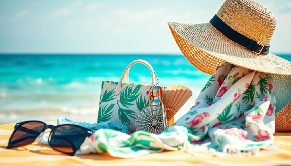 A serene summer setting with a vibrant foreground featuring a straw sun hat, a pair of stylish sunglasses, and a lightweight scarf in a breezy, floral pattern. The middle ground showcases a variety of complementary summer accessories, such as a palm-leaf-patterned tote bag, a delicate fan, and a small, metal water bottle. The background depicts a tranquil beach scene with gently lapping waves and a clear, azure sky. The lighting is soft and diffused, creating a warm, inviting atmosphere. Captured with a wide-angle lens to emphasize the laidback, coastal vibe.