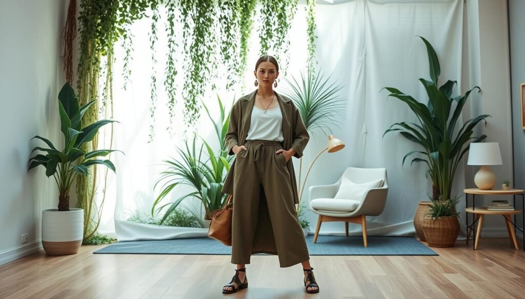 A serene, sustainable fashion editorial showcase. In the foreground, a stylish model poses in a chic, eco-conscious outfit - organic fabrics, minimal design, and upcycled accessories. The middle ground features a lush, nature-inspired backdrop with cascading plants and soft, natural lighting filtering through. In the background, a minimalist, contemporary interior space with clean lines and sustainable decor elements. The overall mood is one of tranquility, elegance, and environmental awareness, capturing the essence of leading sustainable fashion influencers.