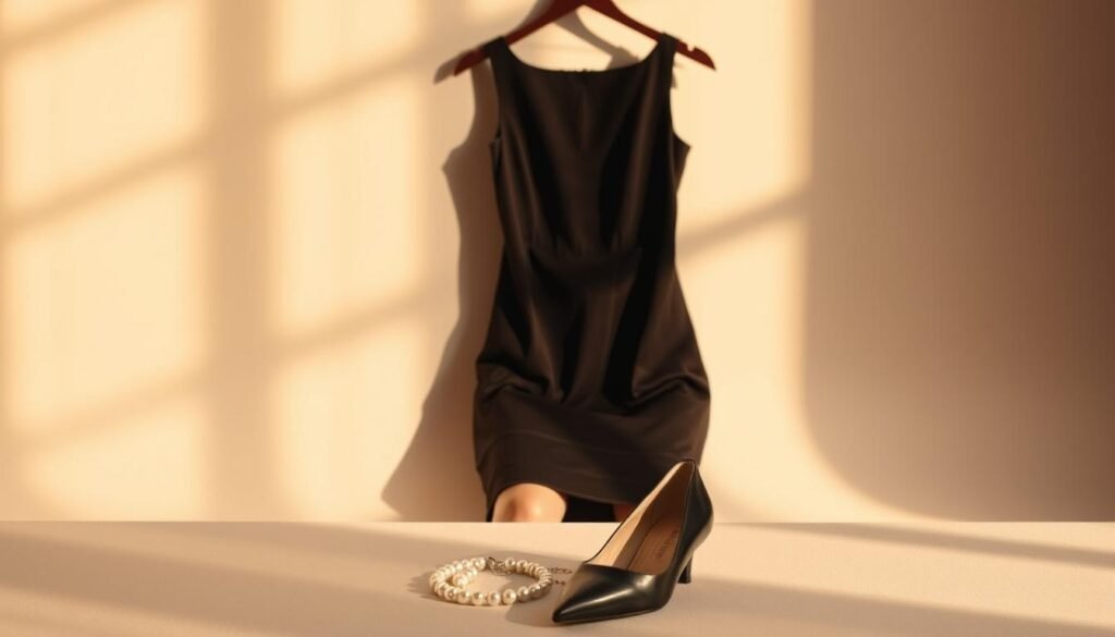 A sleek and sophisticated little black dress sits against a soft, neutral background. Warm, directional lighting casts gentle shadows, highlighting the dress's simple elegance. In the foreground, a pair of chic leather pumps and delicate accessories like a pearl necklace and elegant bracelet are artfully arranged, suggesting seasonal styling ideas. The overall mood is one of understated luxury and timeless style.