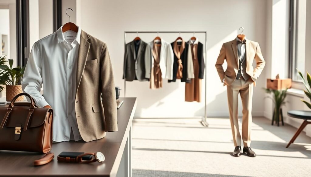 A sleek, professional office setting with clean lines and neutral tones. In the foreground, a neatly arranged workstation showcases various styling elements - a crisp white button-down shirt, a well-fitted blazer in a classic shade, and tailored trousers in a neutral palette. Accessories like a leather briefcase, a minimalist watch, and a silk scarf add refined touches. Indirect lighting from large windows casts a soft, natural glow, accentuating the polished, put-together aesthetic. In the middle ground, a clothing rack displays a curated selection of coordinated workwear pieces, highlighting the versatility of the styles. The background features a simple, uncluttered environment, allowing the focus to remain on the stylish, professional attire.