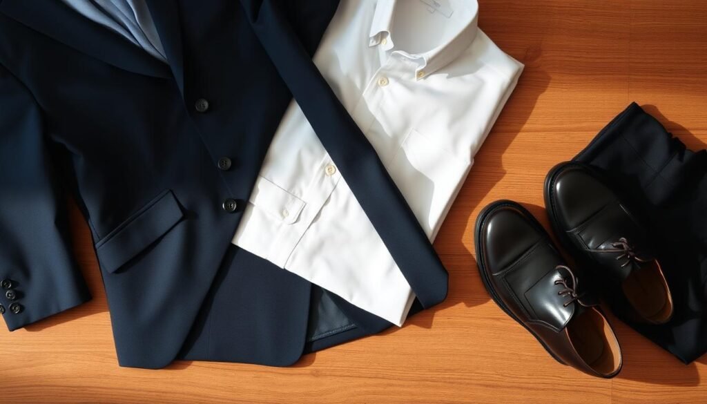 A smartly dressed professional wardrobe featuring essential items: a tailored navy blue suit jacket, a crisp white button-down shirt, a pair of black trousers, and classic leather oxford shoes. The lighting is soft and natural, illuminating the quality fabrics and sharp silhouettes. The items are neatly arranged on a wooden table, with a minimalist background to focus attention on the core pieces. An elegant, timeless look that exudes confidence and competence.