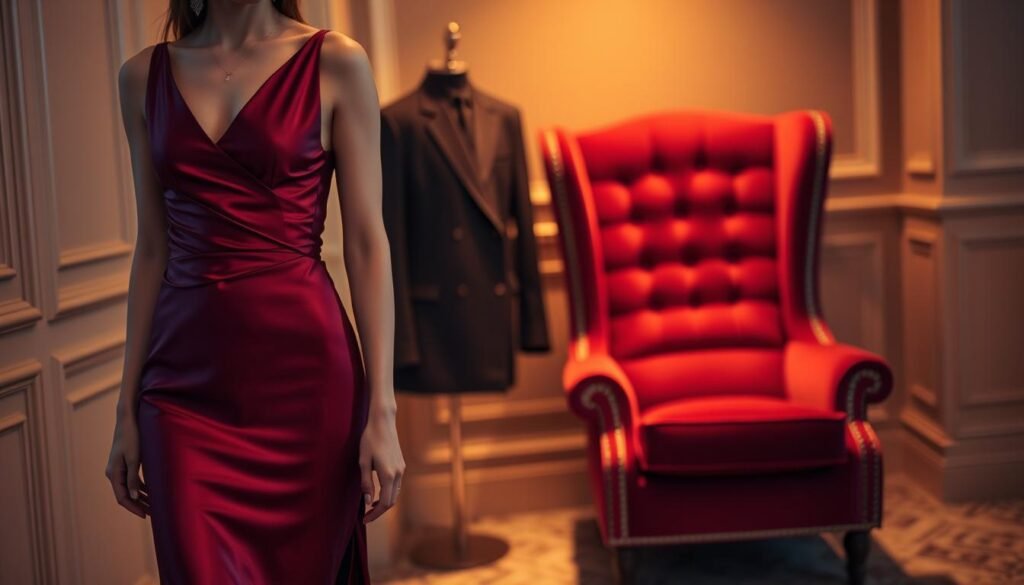A sophisticated evening ensemble in harmonious hues, illuminated by soft, ambient lighting. In the foreground, a sleek satin dress in a rich, jewel-toned color, elegantly draped and accentuated by shimmering accessories. The middle ground features a tailored blazer in a complementary shade, its sharp lines and matte texture creating a refined contrast. In the background, a luxurious velvet chair in a complementary color scheme, set against a backdrop of warm, golden tones, evoking a sense of timeless elegance and understated glamour.