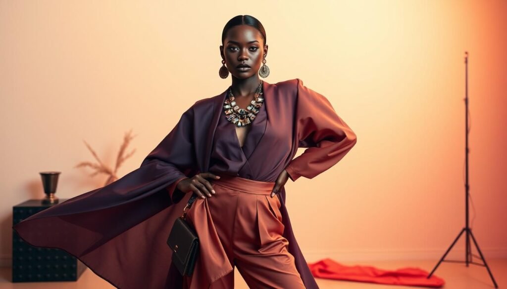 A sophisticated fashion editorial showcasing advanced color mixing techniques. In the foreground, a model strikes a confident pose, their ensemble a masterful blend of complementary hues. Draped in luxurious fabrics, the garments flow gracefully, accentuating the figure. In the middle ground, color-coordinated accessories add depth and visual interest - a statement necklace, bold earrings, and a structured handbag. The background features a minimalist studio setting, with soft, directional lighting creating depth and dimension. Warm tones and subtle gradients blend seamlessly, elevating the scene to one of refined elegance and artistic flair.