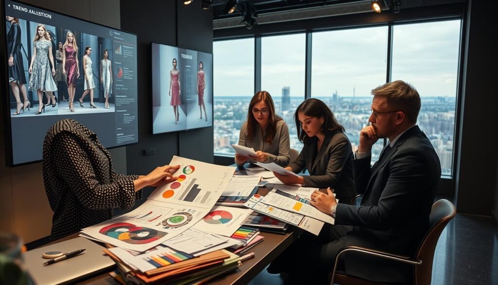 A sophisticated fashion studio setting, with a large video screen displaying trend analysis data and fashion runway footage. In the foreground, a fashion designer meticulously examines fabric samples, color palettes, and sketches, immersed in the process of deciphering emerging trends. The middle ground features a team of analysts poring over market research and consumer insights, their expressions thoughtful as they uncover insights. The background showcases a panoramic view of the city skyline, hinting at the global nature of the fashion industry. Dramatic high-key lighting casts an air of intellectual curiosity and anticipation, as the team works to unlock the secrets of the latest fashion week spectacle.