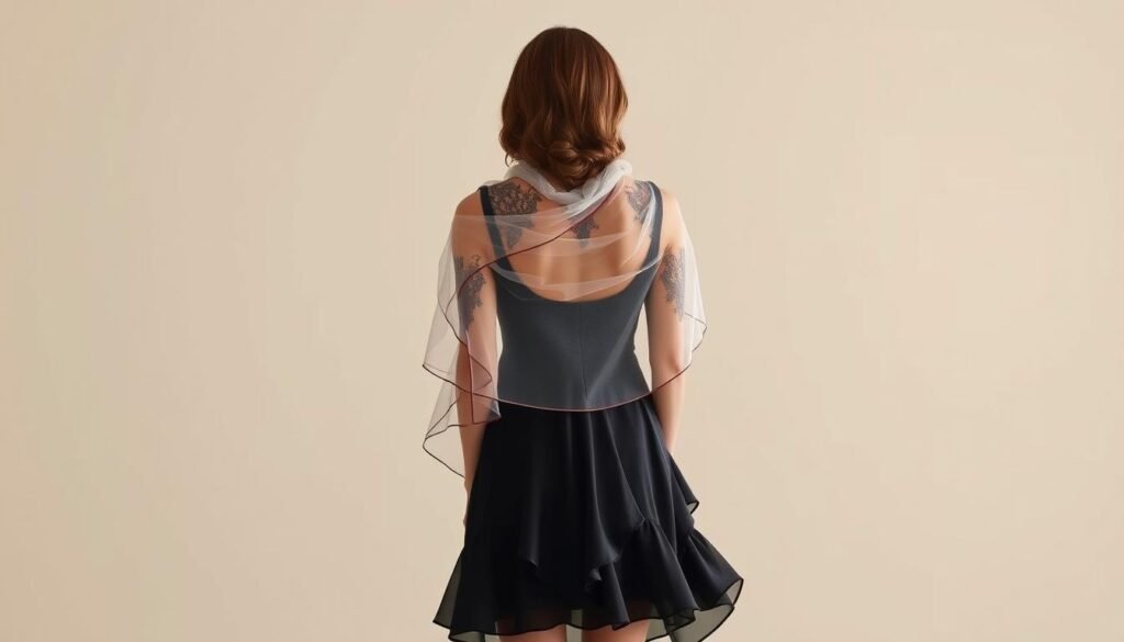 A sophisticated little black dress with intricate layering details, photographed in a soft, natural lighting setup. The dress features a fluid, figure-flattering silhouette with delicate lace panels strategically placed along the sides and back, creating an illusion of depth and visual interest. The skirt is adorned with a cascading ruffle overlay, adding a touch of movement and elegance. In the middle ground, a sheer organza shawl is draped gracefully over the model's shoulders, complementing the dress's refined aesthetic. The background is a minimalist, neutral-toned setting, allowing the dress and its intricate layering to take center stage.