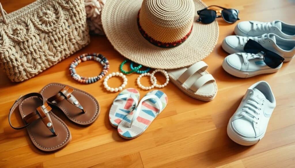 A still life scene of a variety of stylish summer footwear accessories laid out on a warm-toned wooden surface. In the foreground, a pair of strappy leather sandals, a woven straw tote bag, and a floppy sun hat. In the middle ground, a pair of colorful patterned flip-flops, a set of beaded anklets, and a pair of espadrille wedges. In the background, a pair of canvas sneakers, a set of pearl-embellished hair clips, and a sleek pair of sunglasses. The lighting is soft and diffused, casting gentle shadows and highlighting the textures and colors of the accessories. The overall mood is one of effortless summer chic and fashion inspiration.