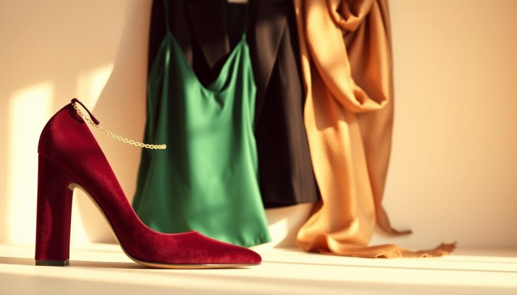 A stylish and sophisticated date outfit arrangement showcased against a softly-lit, minimalist background. In the foreground, a pair of high-heeled suede pumps in a rich burgundy hue, complemented by a delicate gold chain bracelet. In the middle ground, a sleek satin camisole in a deep emerald green, paired with a slim-fit black blazer. In the background, a silky scarf in a subtly patterned neutral tone cascades elegantly, creating a sense of effortless elegance. The lighting is warm and diffused, accentuating the luxurious textures and highlighting the thoughtfully curated accessories that elevate the overall look.