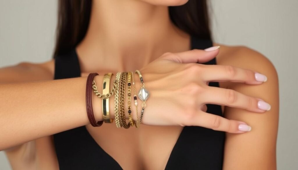 A stylish arrangement of delicate bracelets in a variety of materials and textures, meticulously layered on a female model's wrist. The bracelets include shimmering gold-tone chains, sleek leather cuffs, and intricate beaded designs. Soft, even lighting highlights the intricate details and the model's slender, elegant hands. The composition is balanced and visually appealing, showcasing the art of bracelet layering. The model's pose is relaxed yet refined, allowing the accessories to take center stage. The overall mood is one of sophistication and effortless style.