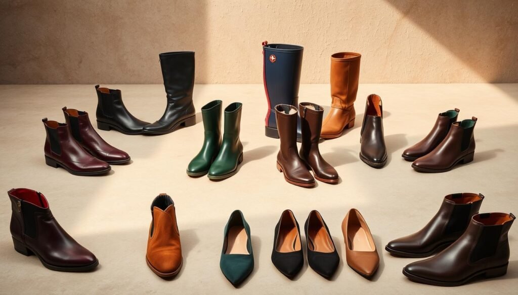 A stylish assortment of seasonal footwear arranged on a minimalist background. In the foreground, a collection of elegant ankle boots, leather loafers, and suede pumps in autumnal hues of burgundy, forest green, and camel. In the middle ground, a variety of sleek, weatherproof rain boots and chelsea boots in muted tones. In the background, a sparse, textured backdrop, perhaps a wooden floor or stone surface, to showcase the footwear. Soft, natural lighting casts a warm, inviting glow, highlighting the rich textures and materials. The overall mood is one of effortless sophistication, reflecting the versatility and adaptability of the seasonal styling footwear collection.