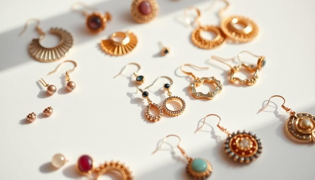 A stylish collection of fashion jewelry earrings arranged on a white background, showcasing a diverse selection of shapes, sizes, and materials. The earrings are presented in a visually appealing, minimalist layout, capturing the essence of a "Jewelry Styling Tips" guide. Warm, natural lighting illuminates the pieces, highlighting their intricate details and metallic finishes. The overall composition creates a clean, aspirational, and inspirational mood, guiding the viewer through a curated earring selection.