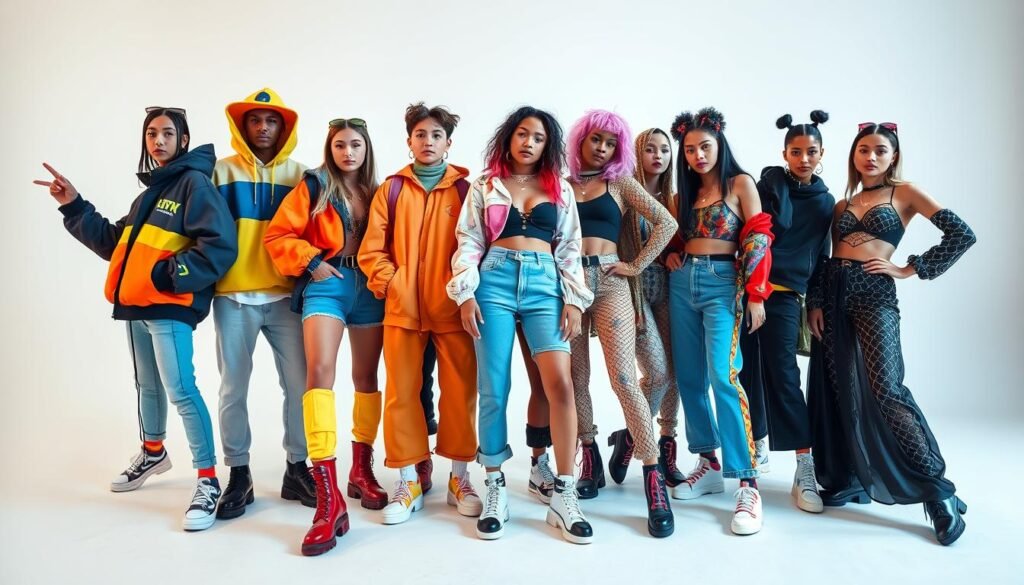 A stylish group of Gen Z fashion trendsetters posing with confident and dynamic stances, showcasing their unique and diverse styles. A vibrant, well-lit scene captured with a wide-angle lens, featuring a variety of eye-catching outfits - from bold, color-blocked streetwear to intricate, avant-garde designs. The models exude a youthful, energetic, and expressive vibe, set against a clean, minimalist background that allows their fashions to take center stage. The overall atmosphere is modern, trendy, and aspirational, capturing the essence of the rising Gen Z fashion influencers who are redefining style.