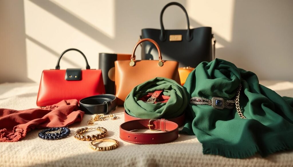 A stylish still life showcasing color coordinated fashion accessories. In the foreground, an array of scarves, belts, and jewelry in a harmonious palette of jewel-toned hues and metallic accents. Placed on a soft, textured surface, the accessories are arranged in a visually appealing composition. The middle ground features a selection of handbags and clutches, their shapes and textures complementing the accessories. The background is a minimalist studio setup with natural light, casting warm shadows and highlights, creating a sense of depth and dimension. The overall mood is sophisticated, elegant, and inspiring, guiding the viewer on mastering color coordination and pattern mixing for the perfect accessorized look.