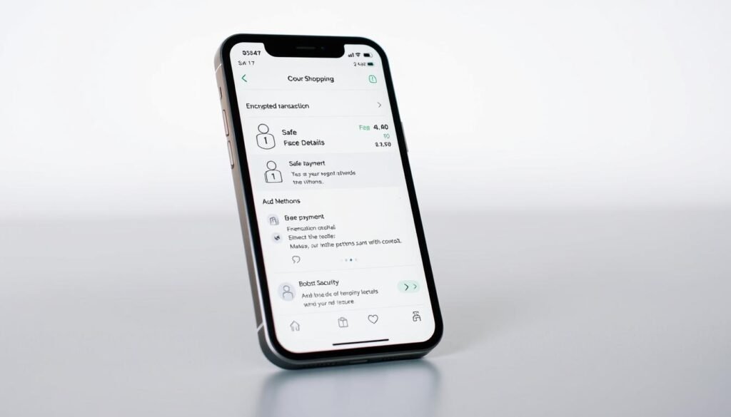 A stylish, well-lit mobile device with a security-themed shopping app open, showcasing encrypted transaction details, safe payment methods, and user authentication features. The device is set against a clean, modern background, accentuating the app's intuitive interface and robust security measures. The overall scene conveys a sense of confidence, trust, and control in the mobile shopping experience.