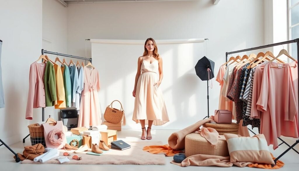 A stylish woman stands in a bright, airy studio, showcasing an array of spring fashion pieces. In the foreground, an assortment of pastel-colored clothing, accessories, and fabric swatches are arranged artfully, highlighting the season's color palette. The middle ground features the model, elegantly posed and wearing a chic, flowing dress in a soft, muted hue. The background is a clean, white backdrop, with soft, diffused natural lighting creating a serene, high-key atmosphere. The overall scene conveys a sense of effortless style, guiding the viewer through the harmonious integration of spring's most captivating color combinations.