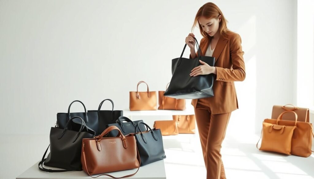 A stylish woman stands in a bright, airy studio, surrounded by a carefully curated collection of designer handbags. The image is captured with a soft, natural lighting that accentuates the texture and details of the leather and hardware. In the foreground, the woman examines a classic black leather tote, thoughtfully considering how it would pair with her outfit. In the middle ground, an array of handbags in various shapes, sizes, and colors are displayed on a clean white table, inviting the viewer to imagine the endless styling possibilities. The background features a simple, minimalist backdrop, allowing the handbags to take center stage. The overall atmosphere conveys a sense of elegance, sophistication, and a deep understanding of the art of accessorizing.