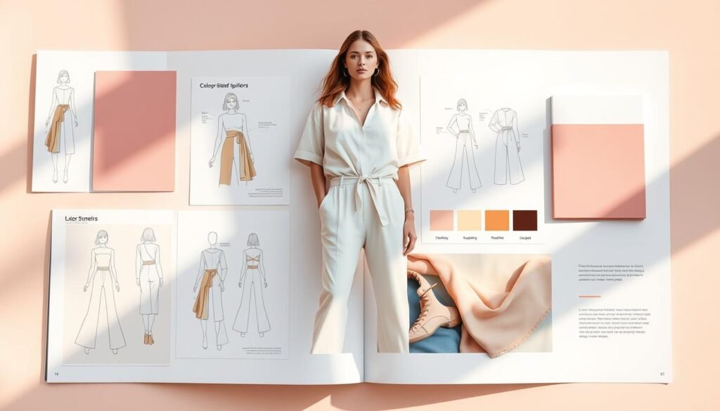 A stylized fashion magazine spread showcasing a summer color coordination guide. Positioned at the center is a fashion model wearing a breezy, lightweight summer outfit in complementary pastel hues. Surrounding the model are various color swatches, fashion sketches, and fabric samples, all arranged in an aesthetically pleasing layout with clean lines and minimal design elements. The background is a soft, diffused gradient that adds depth and emphasizes the color palettes. Warm, natural lighting casts gentle shadows and highlights the textures of the materials. The overall mood is one of refined elegance and seasonal inspiration, inviting the viewer to explore the principles of effortless summer style.