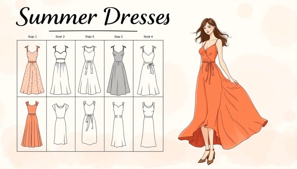 A stylized illustration of a "Summer Dresses Body Type Guide". The foreground features a central figure, a woman in a flowing summer dress, in a relaxed, confident pose. The dress highlights her natural curves and silhouette. Behind her, a grid-like layout displays various dress styles and shapes, each tailored to different body types. The backgrounds have a soft, hazy, pastel-toned palette, evoking a warm, summer mood. The lighting is soft and diffused, creating a sense of elegance and sophistication. The overall composition is balanced, guiding the viewer's eye towards the central figure and the surrounding dress options. The illustration has a hand-drawn, artistic quality, with subtle textures and brushstrokes adding depth and character.
