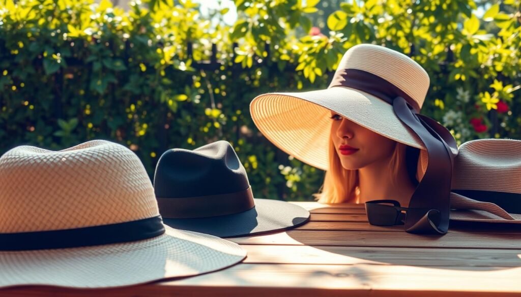 A sun-dappled summer day, a wooden table set with an array of stylish hats, their diverse shapes and textures inviting exploration. In the foreground, a wide-brimmed straw hat casts gentle shadows, its woven texture contrasting with the smooth surface of a structured felt fedora beside it. In the middle ground, a floppy sun hat with a trailing ribbon sways softly, its brim casting a flattering shadow on a model's face, their features partially obscured. Behind, a lush garden scene provides a verdant backdrop, dappled with warm, golden light filtering through the leaves. The overall mood is one of effortless elegance, inviting the viewer to discover the secrets of mastering summer hat selection and styling.