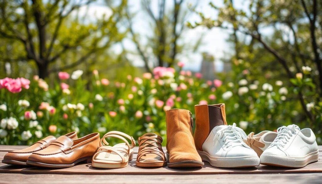 A sunny spring day, lush greenery and blooming flowers in the background. In the foreground, an array of stylish spring footwear choices laid out on a wooden surface - sleek leather loafers, strappy sandals in pastel hues, suede ankle boots in earthy tones, and crisp white sneakers. The lighting is soft and diffused, highlighting the textures and colors of the shoes. The overall mood is one of effortless elegance and the promise of a new season.