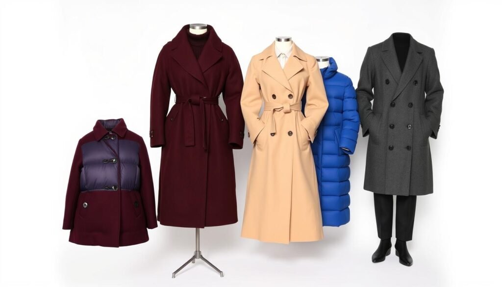 A varied selection of winter coats tailored to flatter different body types, set against a clean white backdrop with soft, diffused lighting. In the foreground, a well-fitted A-line coat in a deep burgundy hue that accentuates the waistline, complemented by a classic double-breasted trench coat in a neutral beige shade. In the middle ground, a voluminous puffer jacket in a vibrant cobalt blue, its shape and silhouette designed to create a flattering, elongated torso. In the background, a sleek, minimalist overcoat in a rich charcoal gray, its clean lines and tailored fit suitable for a variety of body types. The overall scene exudes a sense of elegance, warmth, and consideration for diverse body shapes.