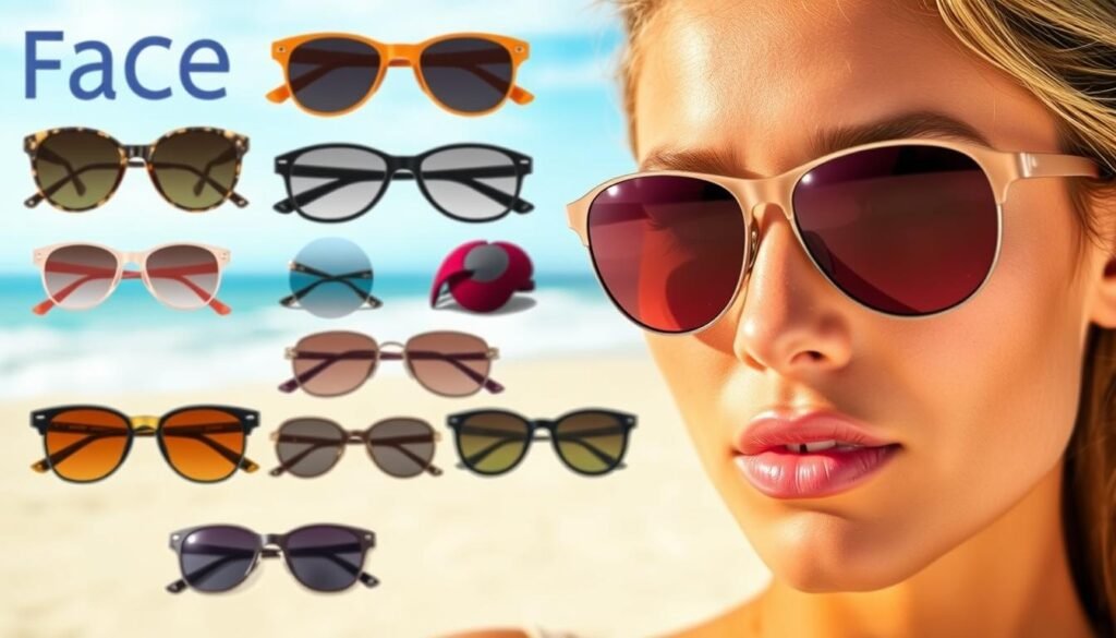 A vibrant and captivating image of a face shape guide for summer sunglasses. In the foreground, a close-up of a model's face, showcasing the different face shapes and how various sunglass styles complement them. The lighting is warm and natural, creating a summery, beach-like atmosphere. The model's expression is neutral, allowing the focus to be on the sunglasses and their fit. In the middle ground, an arrangement of different sunglass frames in a variety of shapes, sizes, and colors, highlighting the diversity of options available. The background is a soft, blurred beach scene, with the sky, ocean, and sand creating a serene and inviting setting. The overall composition emphasizes the importance of finding the perfect sunglasses to complement one's facial features and enhance the summer look.