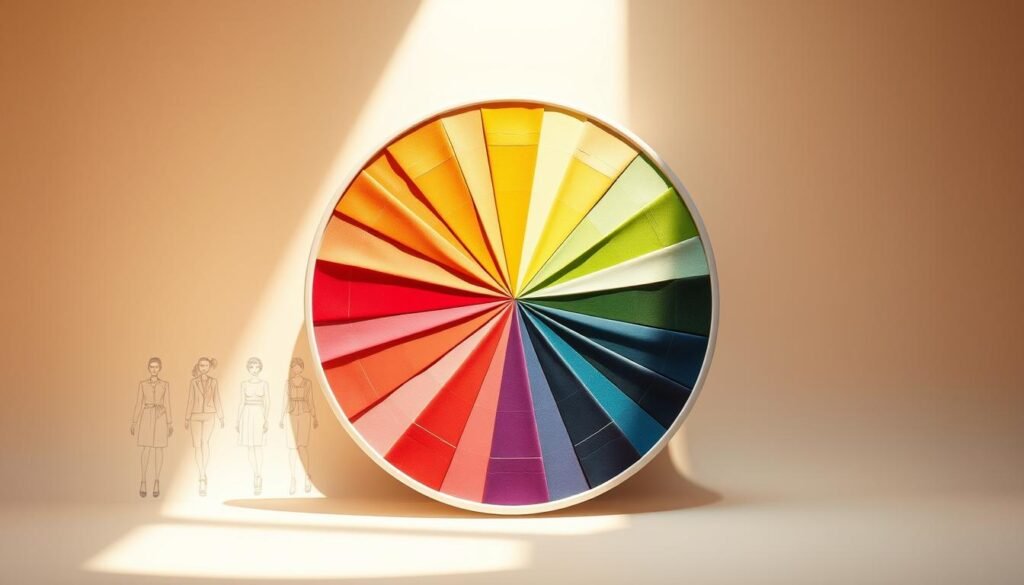 A vibrant fashion color wheel, meticulously crafted to showcase the fundamental principles of color theory. The wheel is rendered in a sleek, minimalist style, with each color segment represented by a distinct fabric swatch or textile pattern. The foreground features the wheel itself, artfully arranged against a clean, neutral background, allowing the hues to take center stage. Subtle highlights and shadows accentuate the dimensional quality of the fabrics, creating a sense of depth and texture. The middle ground showcases a curated selection of fashion sketches and illustrations, hinting at the practical applications of color theory in the world of style. The background is a soft, gradient-based environment, subtly hinting at the broader context of the color wheel's role in the fashion industry. Lighting is warm and natural, casting a gentle glow over the entire composition, conveying a sense of harmony and balance.