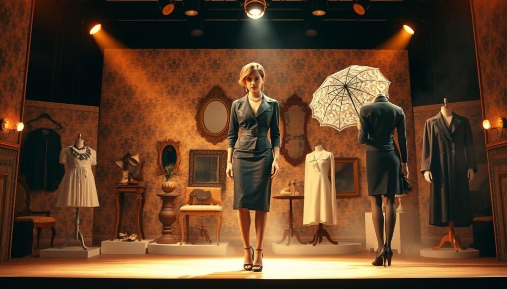 A vintage fashion show stage, illuminated by warm, golden lighting and a dramatic spotlight. In the foreground, a model strikes a stylish pose, showcasing a timeless ensemble that blends classic silhouettes with modern tailoring. The middle ground features a display of vintage accessories, such as ornate jewelry, leather gloves, and a delicate lace parasol, juxtaposed with sleek, contemporary fashion pieces. In the background, a backdrop of vintage wallpaper patterns and antique mirrors creates a sense of timeless elegance, while a subtle haze adds a touch of nostalgia. The overall scene conveys a harmonious fusion of vintage and modern aesthetics, demonstrating the art of perfecting a cohesive, stylish vintage-inspired look.