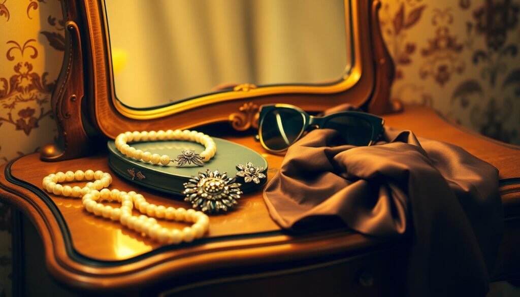 A vintage vanity table adorned with an array of retro fashion accessories - a pearl necklace, a rhinestone brooch, a pair of cat-eye sunglasses, and a silk scarf. The warm, soft lighting casts a golden glow, accentuating the timeless allure of these carefully curated items. In the background, a subtle floral wallpaper pattern adds a touch of elegance, while the table's ornate wooden frame suggests a bygone era. The overall scene evokes a sense of nostalgic sophistication, perfectly capturing the essence of accessorizing a vintage-inspired look.