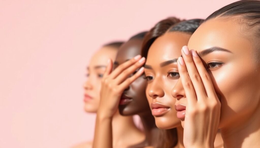 A visually striking illustration of skin undertone determination tips, captured in a clean, minimalist aesthetic. In the foreground, a close-up of a diverse range of skin tones, showcasing the nuanced differences in undertones - warm, cool, and neutral. In the middle ground, elegant hand gestures demonstrating color matching techniques, guiding the viewer on how to identify their own skin's undertone. The background features a soft, gradient-based color palette, creating a serene, high-contrast environment that allows the central elements to shine. Crisp, natural lighting accentuates the textural details, while a shallow depth of field focuses the viewer's attention on the key visual information. An image that seamlessly blends educational purpose with aesthetic appeal.