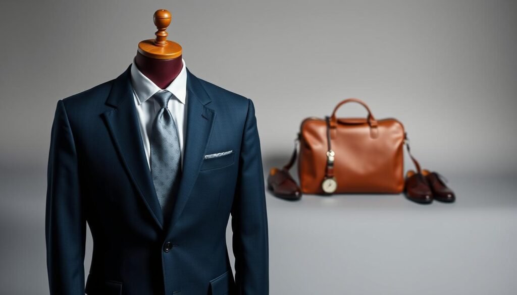 A well-appointed men's professional wardrobe, captured in a crisp, minimalist studio setting. In the foreground, a classic navy blue suit with a tailored silhouette, paired with a crisp white dress shirt and a silk tie in a subtle pattern. In the middle ground, a range of essential accessories - a leather briefcase, a stainless steel wristwatch, and a pair of polished Oxford shoes. The background features a neutral grey backdrop, highlighting the clean lines and timeless elegance of the ensemble. Soft, directional lighting casts subtle shadows, emphasizing the textural details and premium materials. The overall mood is one of refined sophistication and sartorial confidence, capturing the essentials of professional menswear.
