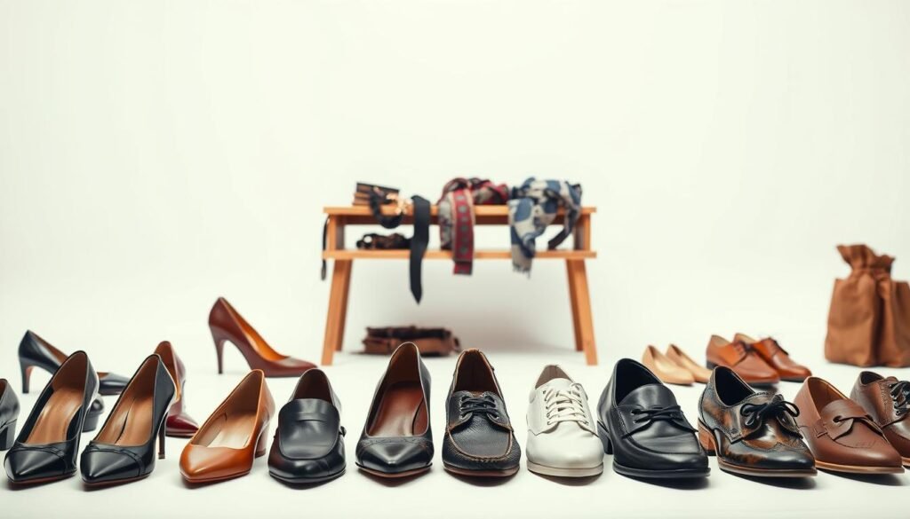 A well-curated collection of stylish shoes in a bright, airy studio setting. In the foreground, a range of fashionable footwear - sleek high heels, elegant pumps, trendy sneakers, and sophisticated loafers - arranged artfully against a plain white backdrop. The middle ground features a wooden table with various accessories like belts, scarves, and jewelry, hinting at how these shoes can transform an outfit. Soft, diffused lighting from above casts a warm, inviting glow, highlighting the textures and colors of the shoes and accessories. The overall mood is one of refinement, versatility, and effortless style, inspiring the viewer to consider how the right shoes can elevate any look.