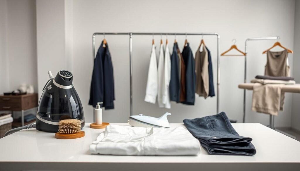 A well-lit, airy studio with a pristine table displaying various garment care tools and products. In the foreground, a crisp white shirt and a pair of tailored trousers are neatly folded, showcasing impeccable fabric care. In the middle ground, a professional-grade clothing steamer, a wooden clothing brush, and a stain removal kit are arranged with precision. The background features sleek metal hangers, a clothing rack, and a linen-covered ironing board, all conveying a sense of order and attention to detail. The lighting is soft and diffuse, creating a calming, professional atmosphere.