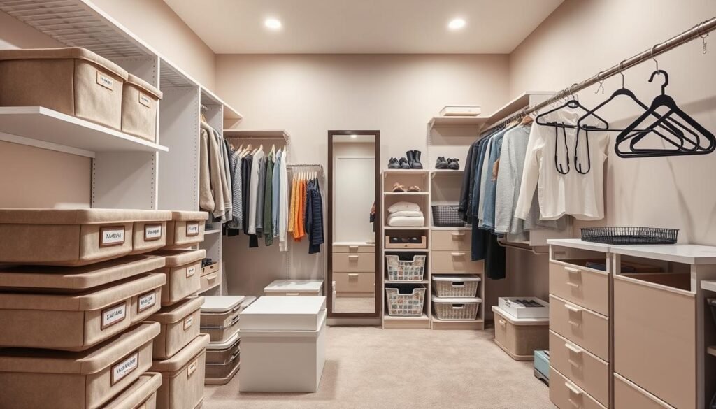A well-lit, high-angle photograph of an organized and functional closet space, showcasing various storage solutions and organization tools. In the foreground, neat stacks of labeled fabric bins, adjustable shelving units, and a hanging rod system with velvet hangers. In the middle ground, a series of pull-out drawers, accessory organizers, and a full-length mirror. The background features a minimalist, neutral-toned wall with a serene, calming atmosphere, accentuated by soft, diffused lighting from above. The overall impression is one of a clean, efficient, and visually appealing closet system that maximizes space and streamlines the storage of clothing, accessories, and other essentials.