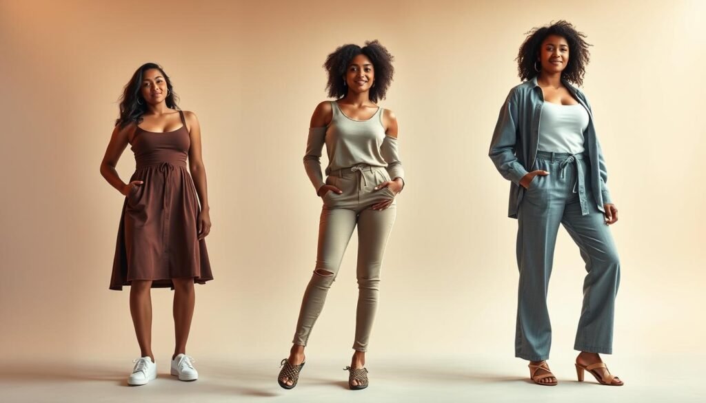 A well-lit, high-resolution fashion photography scene depicting three diverse female models showcasing different body types in flattering casual outfits. The models are posed in a natural, relaxed manner, with thoughtful positioning to highlight the silhouettes and proportions of their figures. The outfits include a range of styles such as fitted dresses, tailored tops, and flowy bottoms, all presented in a visually appealing and aspirational manner. The scene has a warm, soft lighting setup that creates a sense of warmth and comfort, complementing the casual, everyday nature of the clothing. The background is a simple, minimalist studio setting that allows the focus to remain on the models and their outfits.