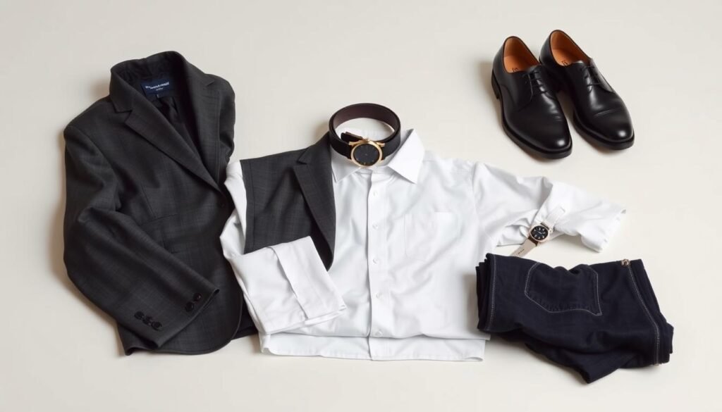 A well-lit, high-resolution photograph of a neatly arranged display of essential, investment-worthy clothing pieces. In the foreground, a crisp white button-down shirt, a charcoal gray suit jacket, and a pair of dark denim jeans rest on a clean, minimalist surface. In the middle ground, a classic black leather belt, a timeless wristwatch, and a pair of polished dress shoes stand out against a neutral background. The lighting is soft and diffused, highlighting the quality and craftsmanship of the items. The overall composition conveys a sense of timelessness, sophistication, and a focus on building a versatile, long-lasting professional wardrobe.