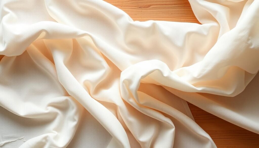 A well-lit, high-resolution photograph of an assortment of lightweight, breathable fabrics suitable for summer clothing. The fabrics are arranged neatly on a wooden surface, with a soft, diffused lighting illuminating the scene. The materials include natural fibers such as linen, cotton, and silk, as well as synthetic options like rayon and modal, showcasing their lightweight, airy, and moisture-wicking properties. The fabrics are displayed in a variety of neutral and pastel hues, creating a serene, inviting atmosphere. The focus is on the textures, drape, and subtle sheen of the fabrics, highlighting their suitability for hot weather garments.