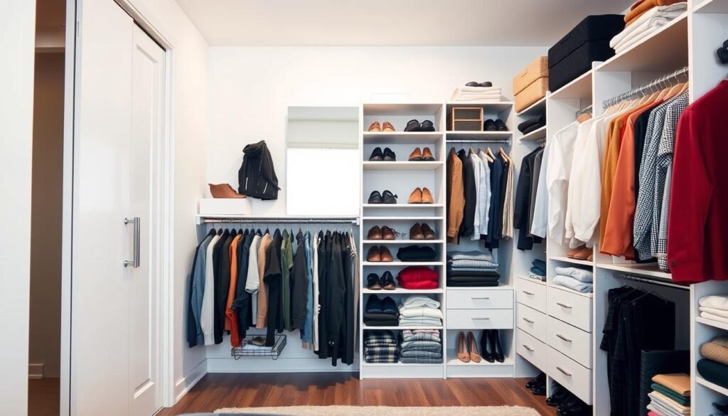 A well-lit, minimalist bedroom closet with an organized array of clothing, accessories, and storage solutions. In the foreground, a collection of neatly folded shirts, sweaters, and pants arranged by color and fabric. In the middle ground, a series of modular shelves and drawers hold meticulously organized shoes, belts, and other small items. The background features a clean, white wall with a full-length mirror, casting a soft, diffused light throughout the space. The overall atmosphere conveys a sense of tranquility and efficiency, highlighting the importance of maintaining an orderly, functional closet.