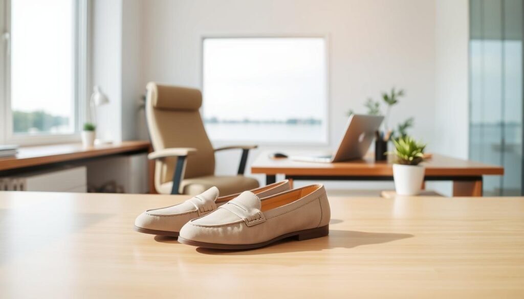 A well-lit, minimalist office setting with a clean, modern aesthetic. In the foreground, a pair of stylish yet comfortable women's leather or suede loafers or ballet flats in neutral colors like beige, gray, or navy. The shoes are positioned on a sleek, polished wooden desk, with a laptop, a small potted plant, and a pen holder nearby, creating a professional and organized workspace vibe. The middle ground features a comfortable, ergonomic office chair in a complementary color. The background showcases a large window overlooking a serene outdoor scene, allowing natural light to flood the space and create a calming, rejuvenating atmosphere.